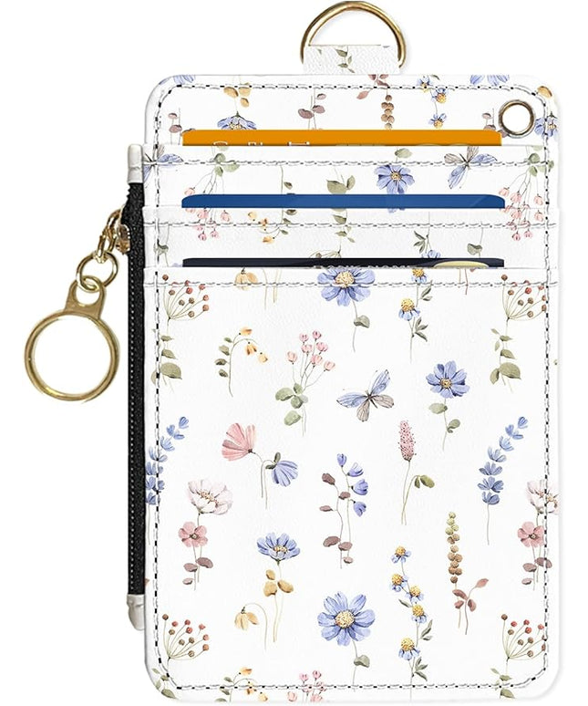 Slim Wallet Credit Card Holder, White And Purple Floral Print, RFID Wallet Women Cute Small Front Pocket Wallet With Zipper, PU Leather Thin travel RFID Blocking Card Case ID Window ,Ladies Gifts