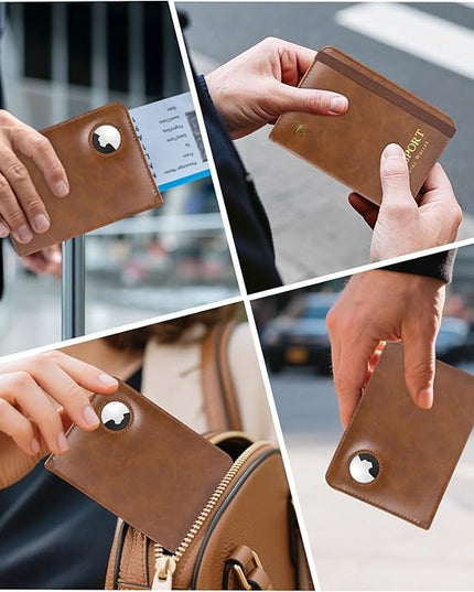 Passport Holder with AirTag – RFID Blocking Travel Document Wallet, Leather Passport Cover with AirTag Slot, Keeps Passport Safe & Trackable (Brown)