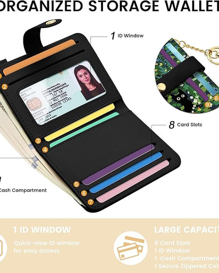 Sodsay Small Slim Wallet Women RFID Blocking, PU Leather Bifold Ladies Wallet with Zipper Coin Pocket, Thin Cute Travel Card Wallets for Girls, Black Cat Whisker