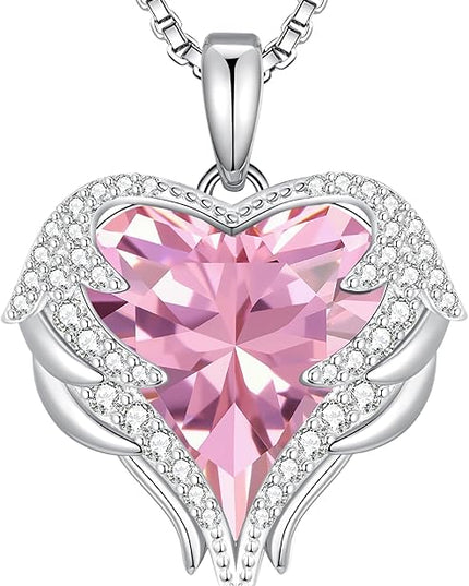 CDE Christmas Gifts for Women Angel Wings Necklace for Women with Birthstone, Love Heart Silver Tone/Gold Tone Pendant, Ideal Anniversary or Birthday Jewelry Gifts for Wife Girlfriend Her