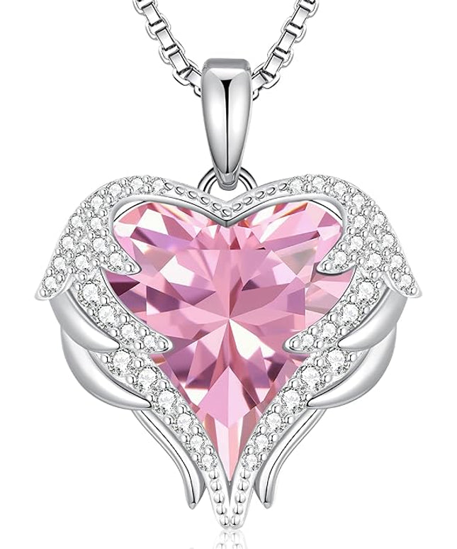 CDE Christmas Gifts for Women Angel Wings Necklace for Women with Birthstone, Love Heart Silver Tone/Gold Tone Pendant, Ideal Anniversary or Birthday Jewelry Gifts for Wife Girlfriend Her