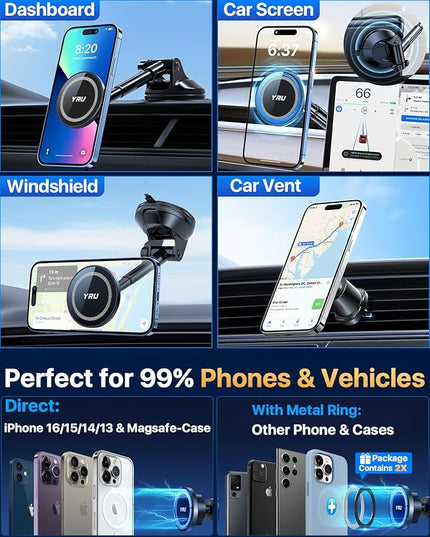 YRU Upgraded Magnetic Phone Holder for Car【Patented & Super Magnet】 for MagSafe Car Mount Dashboard Magnet Phone Holder Windshield Phone Stand for iPhone 17 16 15 14 13 12 Pro Max Samsung, Black