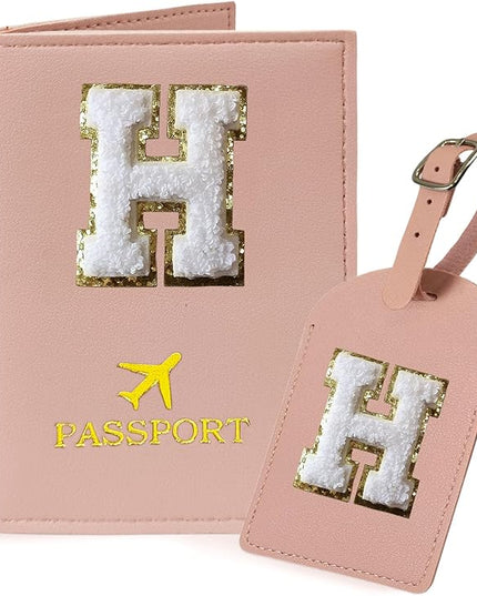 COSHAYSOO Initial Passport Cover Holder and Luggage Tag Set with Letter Name Patch for Women Teenage, Pink Travel Passport Book Vaccine Card Combo Bag Suitcase Identifier Pink H