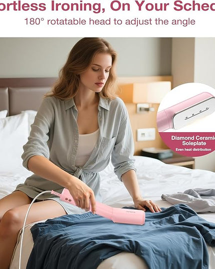 Newbealer 2in1 Travel Iron with Global Voltage, 100-240V Clothes Steamer, Dry Ironing & 2 Steam Levels, Non-Stick Ceramic Soleplate, Fabric Wrinkle Remover, Auto-off, Self Cleaning, No Clamp (Pink)