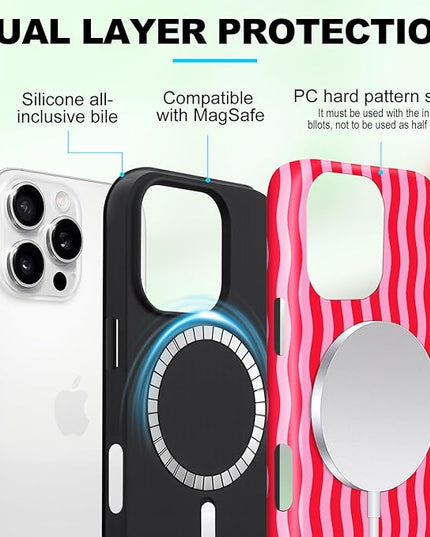 Magnetic for iPhone 11 Case Cute Wavy Stripes Phone Case, Shockproof Slim TPU and Hard PC Protective Phone Cover Compatible with MagSafe Designed for Women Girls, Red