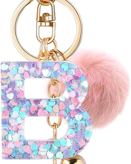 Resin Alphabet Initial Letter Keychain Keyring for Women Purse Handbags With Fur Ball Pom