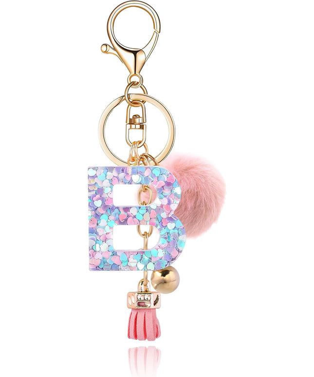 Resin Alphabet Initial Letter Keychain Keyring for Women Purse Handbags With Fur Ball Pom