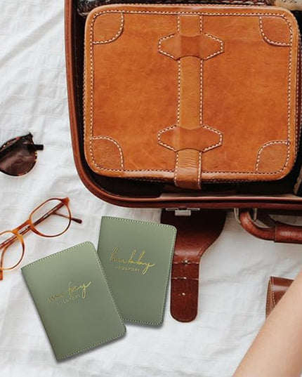 Mr&Mrs Gifts Matching Passport Covers for Mr and Mrs, Husband and Wife Gifts Passport Holders, Engagement Gifts for Couples, Honeymoon Travel Essentials Gift for Newlyweds(HW Sage Green)
