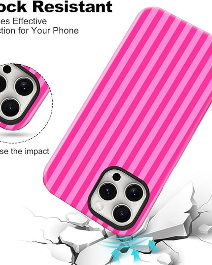Magnetic for iPhone 15 Pro Max Case Cute Stripes Phone Case, Shockproof Slim TPU and Hard PC Protective Phone Cover Compatible with MagSafe Designed for Women Girls, Deep Pink