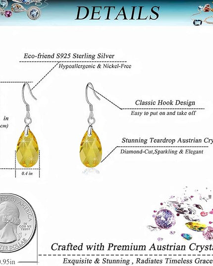 Teardrop Austrian Crystal Drop Dangle Earrings for Women 925 Sterling Silver Hook Hypoallergenic Jewelry