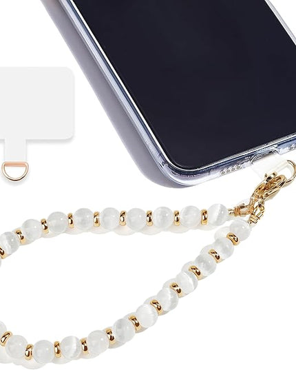 Marble Beaded Phone Wrist Strap,Detachable Phone Bracelet Strap with Tether Tab,Hands-Free Wristlet Strap (White Cat's Eye)