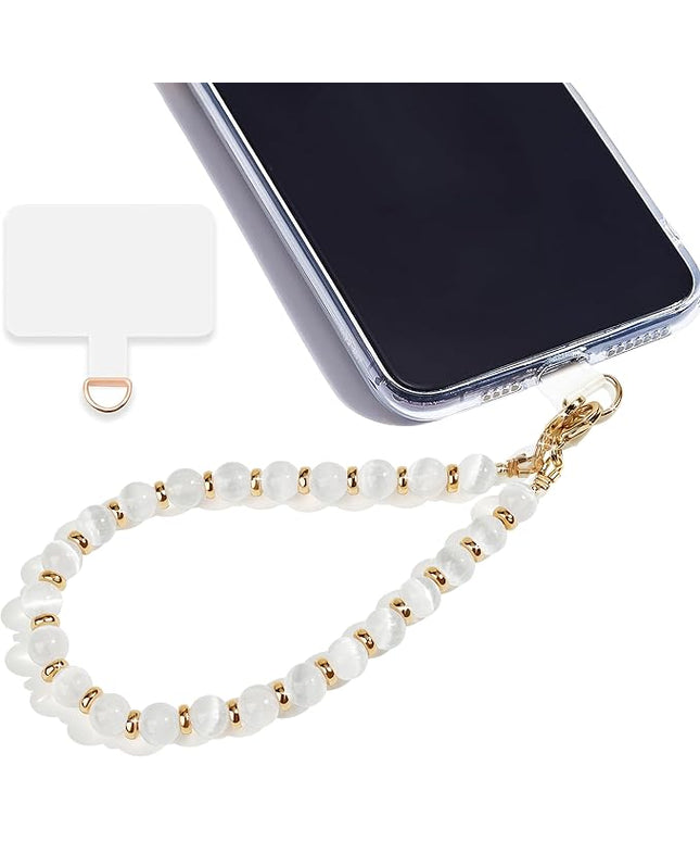 Marble Beaded Phone Wrist Strap,Detachable Phone Bracelet Strap with Tether Tab,Hands-Free Wristlet Strap (White Cat's Eye)