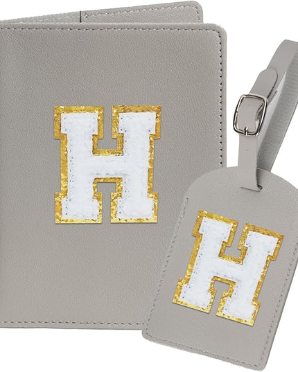 Initial Passport Cover Holder and Luggage tag Set,PU Leather Passport Case Travel Suitcase Tag with Letter Patch, Personalized Travel Luggage Accessories Gifts for Women Grils Teenage Grey H