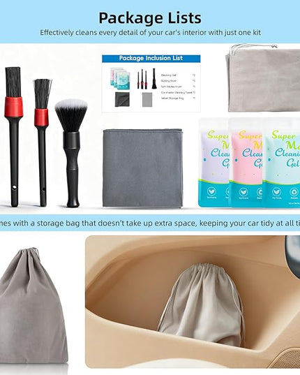 TICARVE 9Pcs Car Interior Detailing Kit - Car Cleaning Brushes, Universal Gel, Microfiber Towel and Storage Bag for Dashboard, Air Vents, Keyboard & Electronics