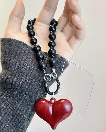 Red Heart Phone Charm Strap Black Beaded Phone Lanyard Cute Bag Charms for Handbags Cellphone Chain Wristlet Heart Bag Charm Purse Keychain for Women Cellphone Keychain Beaded Camera Wrist Strap