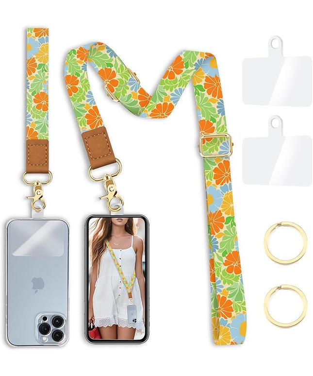 Floral Phone Lanyard Crossbody Strap, Flower Cell Phone Lanyards for around the Neck Cross Body, Wristlet Wrist Strap Adjustable for Women Keys Case Accessories Beach Travel Essentials