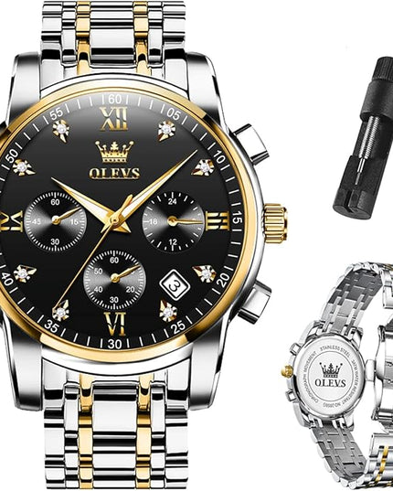 OLEVS Men's Luxury Watch Waterproof Luminous Easy Read Chronograph Watches Full Gold/White Dail/Black Face with Calendar Wristwatch