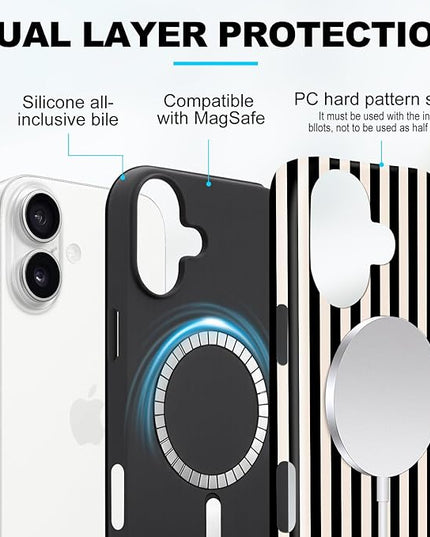 Magnetic for iPhone 16 Case Cute Stripes Phone Case, Shockproof Slim TPU and Hard PC Protective Phone Cover Compatible with MagSafe Designed for Women Girls, Black and White