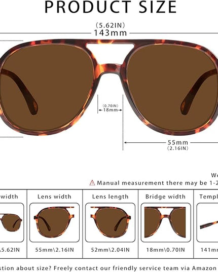 YDAOWKN Retro Square Aviator Sunglasses for Womens Mens Vintage 70s Double Bridge Sun Glasses