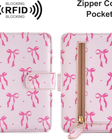 Passport Holder for Travel Essentials, RFID Blocking Passport Wallet Cover with Magnetic Closure, Passport Book Holders for Women and Men (Pink Bow)
