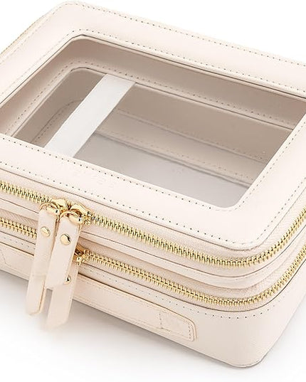 Aveniee Large Clear Makeup Bags, Double Layer Cosmetic Bags with Separate Brush Compartment, Travel Toiletry Bag Cosmetic Train Case, Travel Accessories Organizer for Women(2 Layers, White)