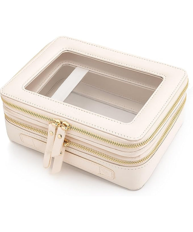 Aveniee Large Clear Makeup Bags, Double Layer Cosmetic Bags with Separate Brush Compartment, Travel Toiletry Bag Cosmetic Train Case, Travel Accessories Organizer for Women(2 Layers, White)