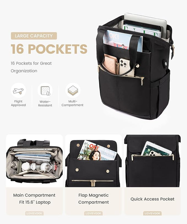 LOVEVOOK Laptop Backpack for Women, 15.6 Inch Work Laptop Bag with USB Port, Fashion Teacher Nurse Backpack Purse, Waterproof Travel Computer Backpack with Organizer Bag, 2PCS, Beige-Black