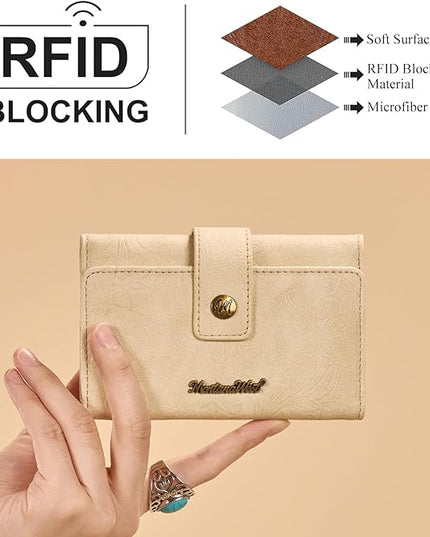 Montana West Small Womens Wallet Western Embossed Floral Women's Wallets Trifold RFID Wallet Women Ladies Female Compact Wallet Travel Clutch Wallett Apricot with ID Window