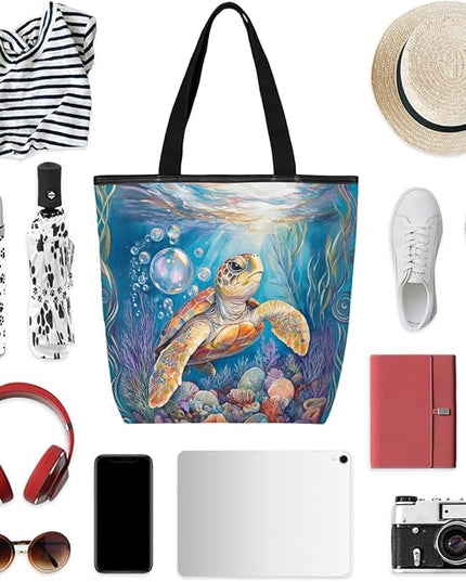 Pardick Canvas Tote Bags, Ocean Turtle Tote Bag Eco Friendly Reusable Grocery Shopping Bagsfor Beach, Books, Women with Zipper Inner Pocket