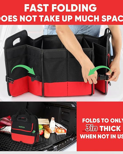 Simniam Large Trunk Organizer for Car, Foldable Multi Compartment Car Trunk Organizer with 2 Retractable Straps, Suitable for All Kinds of Cars, SUV, Minivan - 4 Compartments Red