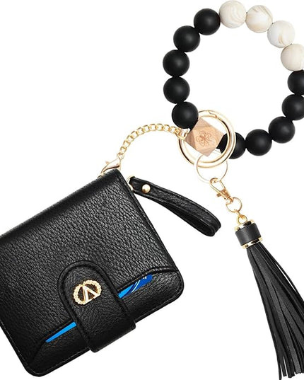 Multi-Purpose Wallet High Capacity Card Holder Zipper Coin Purse with Wristlet Bracelet Keychain Silicone Beaded Bangle Key Ring