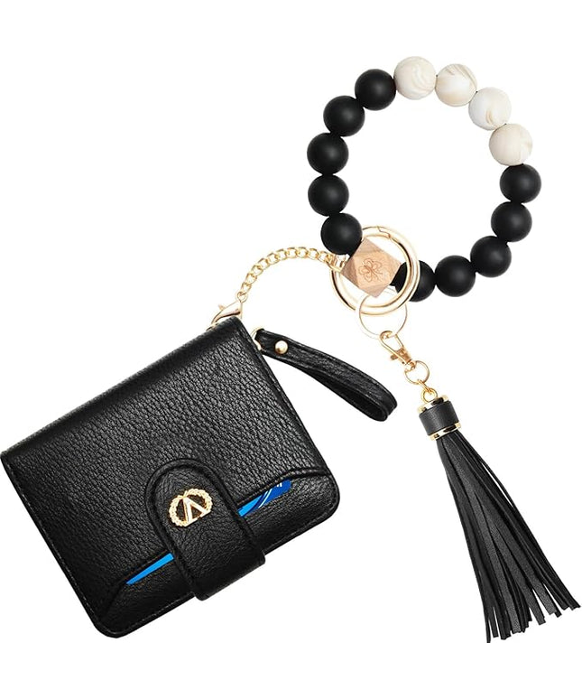 Multi-Purpose Wallet High Capacity Card Holder Zipper Coin Purse with Wristlet Bracelet Keychain Silicone Beaded Bangle Key Ring