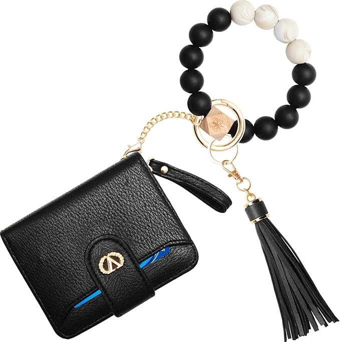 Multi-Purpose Wallet High Capacity Card Holder Zipper Coin Purse with Wristlet Bracelet Keychain Silicone Beaded Bangle Key Ring