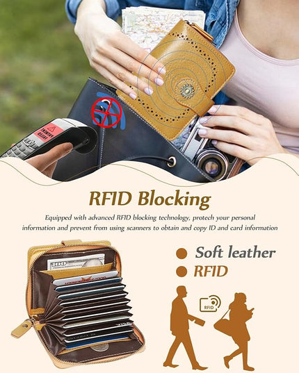TFKGS Small Womens Wallet Leather RFID Blocking Bifold Compact Card Holder Ladies Zipper Accordion Pocket with ID Window Yellow