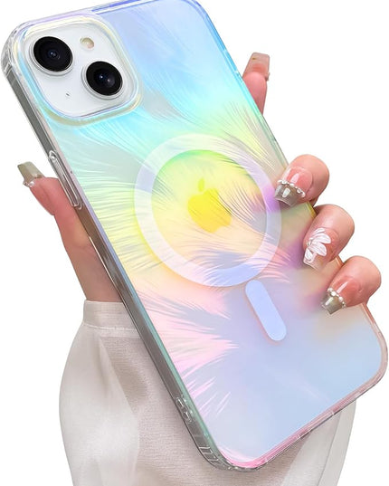 Glitter Case for iPhone 14 & 13 Case for Women Girls [ Compatible with Magsafe ] Clear Cute Aesthetic Girly Iridescent Feather Sparkly Bling Magnetic Phone Cover, Blue & Pink