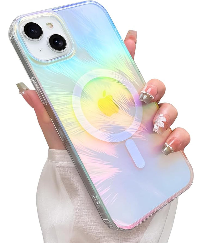 Glitter Case for iPhone 15 Case for Women Girls [ Compatible with Magsafe ] Clear Cute Aesthetic Girly Iridescent Feather Sparkly Bling Magnetic Phone Cover, Gradient Blue & Pink