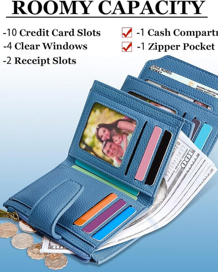 Airkit Small Wallet Women RFID Blocking Soft Leather Bifold Compact Card Holder Wallet for Women with Zipper Coin Pocket 4 ID Window