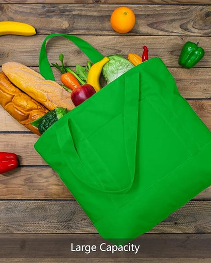 TOPDesign 3-Pack Canvas Tote Bags with an External Pocket, Reusable Grocery Shopping Bags, Top Zipper Closure, Daily Essentials (Lime Green)