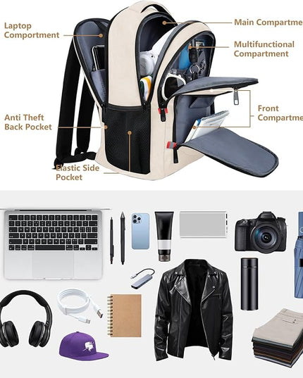 Travel Laptop Backpack for Women, School Backpack with USB Charging Port,Water Resistant Backpack for Girls, Business Work College bookbag,book bag Fits 15.6 Inch,Beige Back Pack