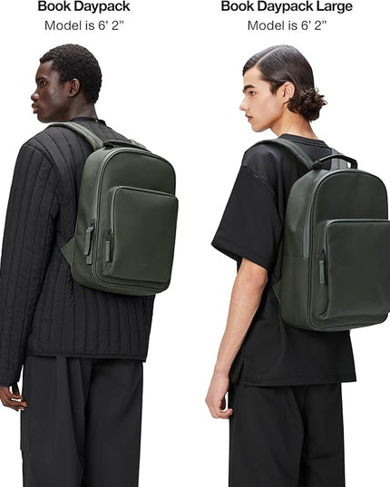 RAINS Book Daypack Large Green Laptop Backpack for Men and Women, Waterproof Black Minimalist Commuter Bag with 15”-16"