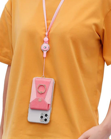 Cell Phone Card Holder,Card Holder for Back of Cell Phone with Ring Grip Stand,Adhesive Stick-on Credit Card Wallet Pocket with Detachable Neck Strap Pink