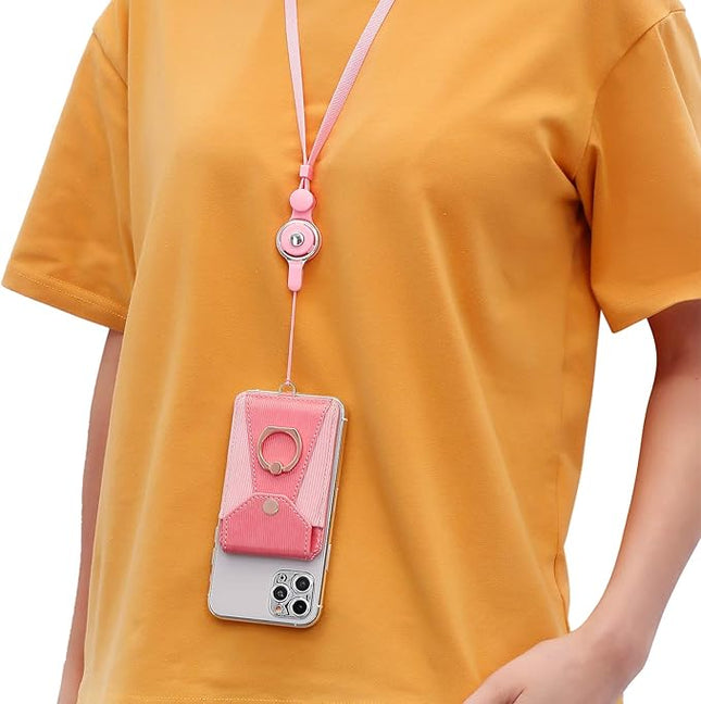 Cell Phone Card Holder,Card Holder for Back of Cell Phone with Ring Grip Stand,Adhesive Stick-on Credit Card Wallet Pocket with Detachable Neck Strap Pink