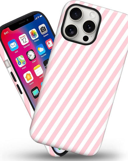 Magnetic for iPhone 15 Pro Case Cute Diagonal Stripes Phone Case, Shockproof Slim TPU and Hard PC Protective Phone Cover Compatible with MagSafe Designed for Women Girls,Pink
