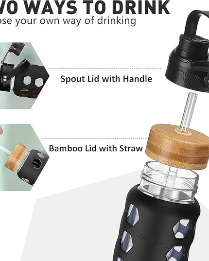 MUKOKO Glass Water Bottles, 24oz Glass Tumbler with Straw, Drinking Bottles with 2 Lids-Handle Spout Lid&Bamboo Straw Lid, Motivational Water Bottle with Time Marker and Silicone Sleeve, 1 Pack-Black