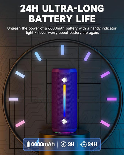 OHAYO Bluetooth Speaker, Portable Wireless, IPX7 Waterproof, Powerful 25W Sound, 24H Playtime, Dual Pairing, Active Bass, Colorful Lights, Bluetooth 5.3, Outdoor Speakers for Home/Party/Beach, Purple