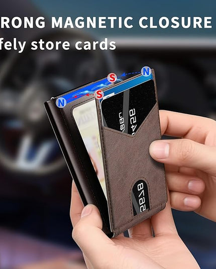 KISUEDZP Wallet for Men Slim RFID Blocking-Metal Smart Pop-Up Credit Card Holder with 2 ID Windows, Holds 8-10 Cards,Bifold Minimalist Front Pocket Wallet & Money Clip,Men's accessories (Coffee)