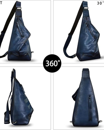 Genuine Leather Sling Bag for Men and Women Vintage Full Grain Leather Sling Purse Chest Daypack Over Shoulder Crossbody Bag (Navy)