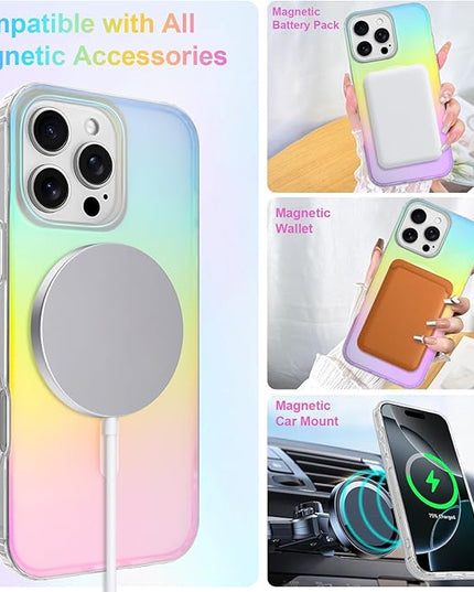 Cute Case for iPhone 16 Pro Case for Women Girls [Compatible with Magsafe] Aesthetic Girly Glitter Bling Rainbow Magnetic Protective Phone Cover, Translucent Iridescent Blue & Pink