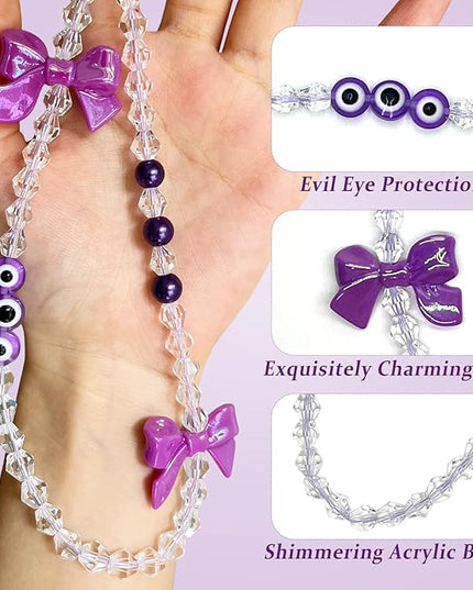 Handmade Evil Eye Phone Charm Strap – Purple Beaded Phone Chain with Pearl & Bow Pendant, Cute Wrist Strap Phone Lanyard for Women Girls