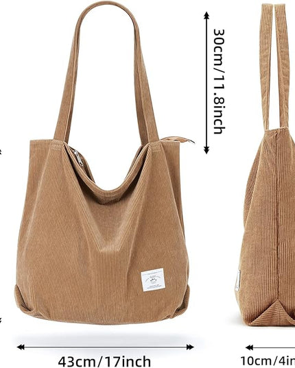 KALIDI Women Corduroy Tote Bag Zipper Casual Tote's Handbag Big Capacity Shoulder Bag with Pockets